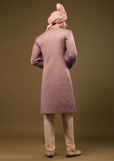 Dusty Pink Purple Thread Embroidered Sherwani Set In Silk