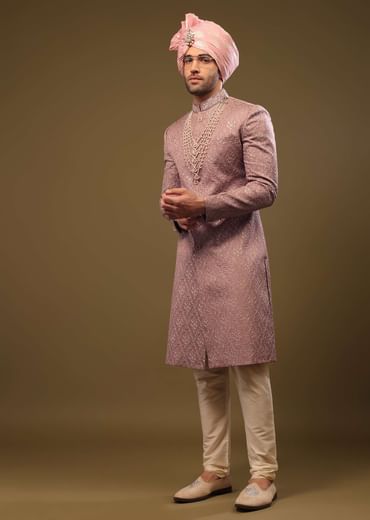 Dusty Pink Purple Thread Embroidered Sherwani Set In Silk