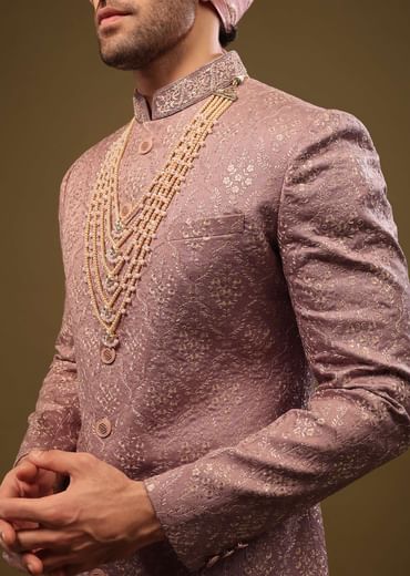 Dusty Pink Purple Thread Embroidered Sherwani Set In Silk