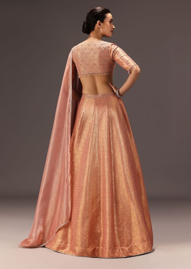 Dusty Peach Banarasi Silk Hand Work Lehenga Set Dusty Peach Banarasi Silk Hand Work Lehenga Set