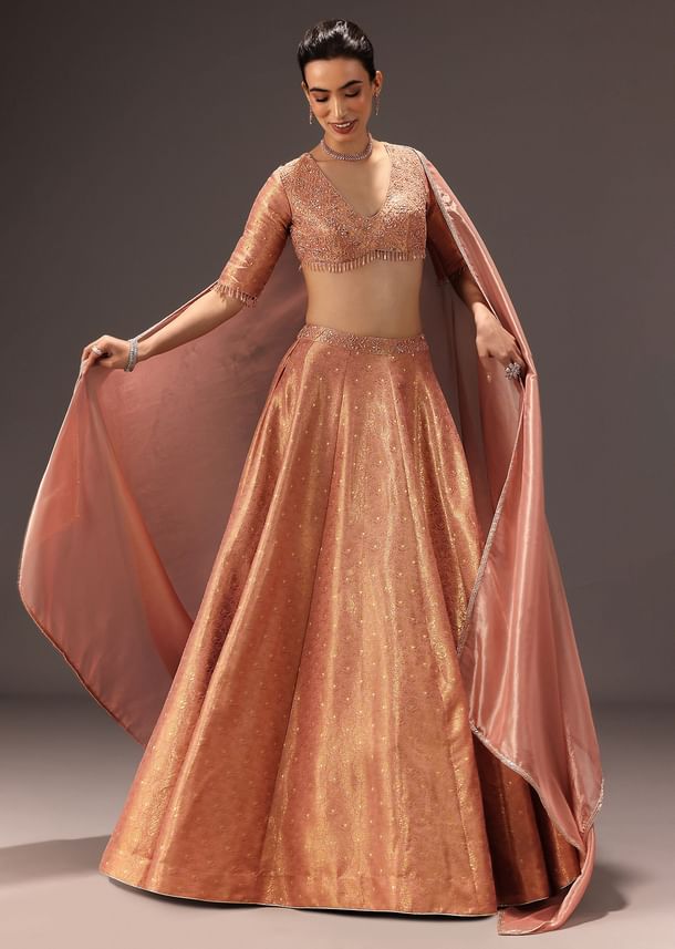 Dusty Peach Banarasi Silk Hand Work Lehenga Set Dusty Peach Banarasi Silk Hand Work Lehenga Set