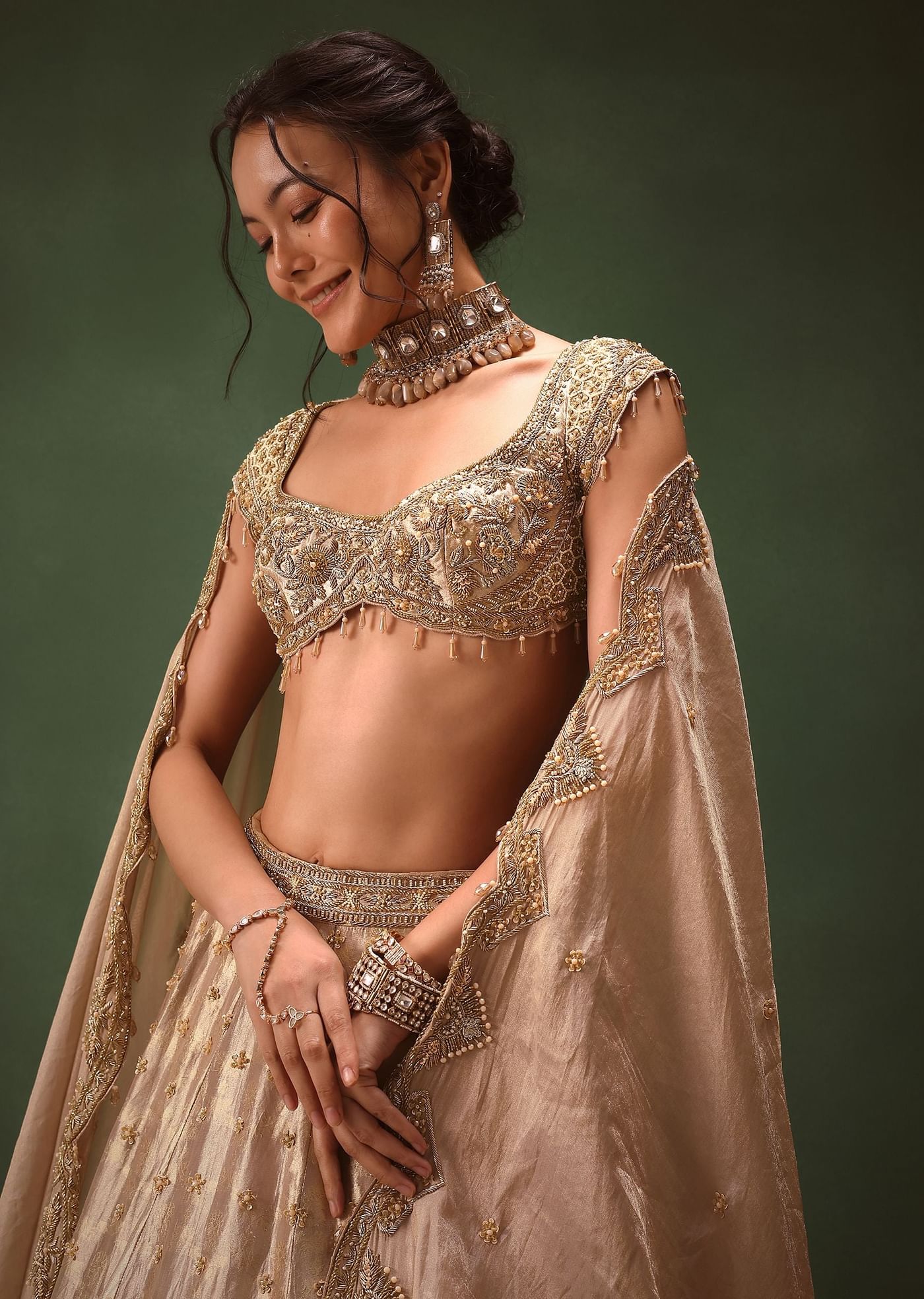 Dusty Pink Brocade Hand Embroidered Bridal Lehenga With Two Dupattas