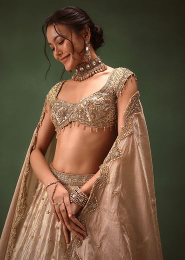 Dusty Pink Brocade Hand Embroidered Bridal Lehenga With Two Dupattas