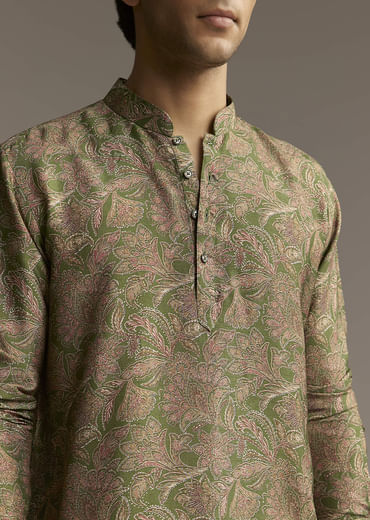 Eathy Brown Silk Designer Kurta For Men With Subtle Floral Vine Print