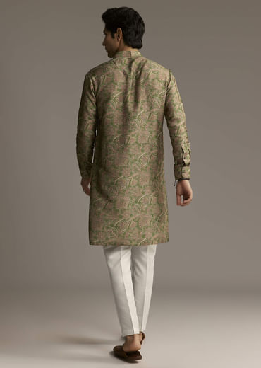 Eathy Brown Silk Designer Kurta For Men With Subtle Floral Vine Print