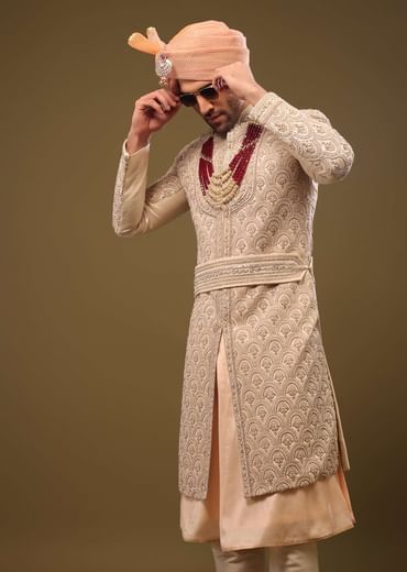 Champagne Brown Silk Sherwani Set With Hand Embroidery