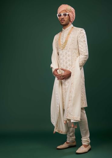 Ivory White Embroidered Sherwani Set In Raw Silk