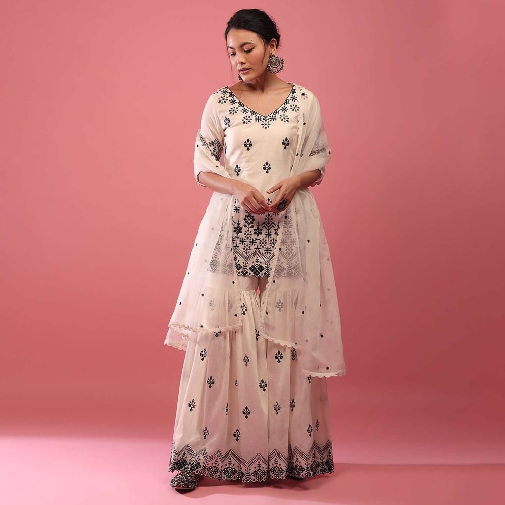 Daisy White Lucknowi Sharara Suit In Cotton With Embroidery