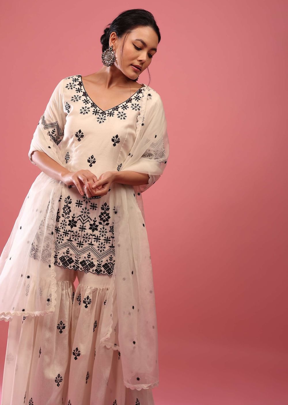 Daisy White Lucknowi Sharara Suit In Cotton With Embroidery