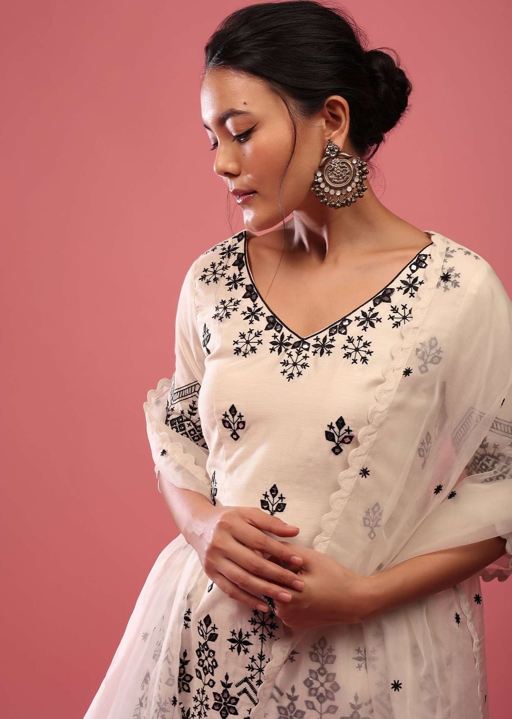 Daisy White Lucknowi Sharara Suit In Cotton With Embroidery