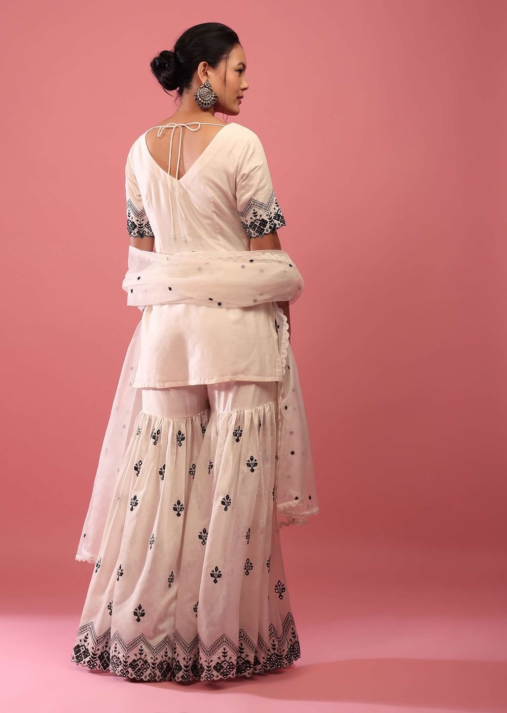 Daisy White Lucknowi Sharara Suit In Cotton With Embroidery