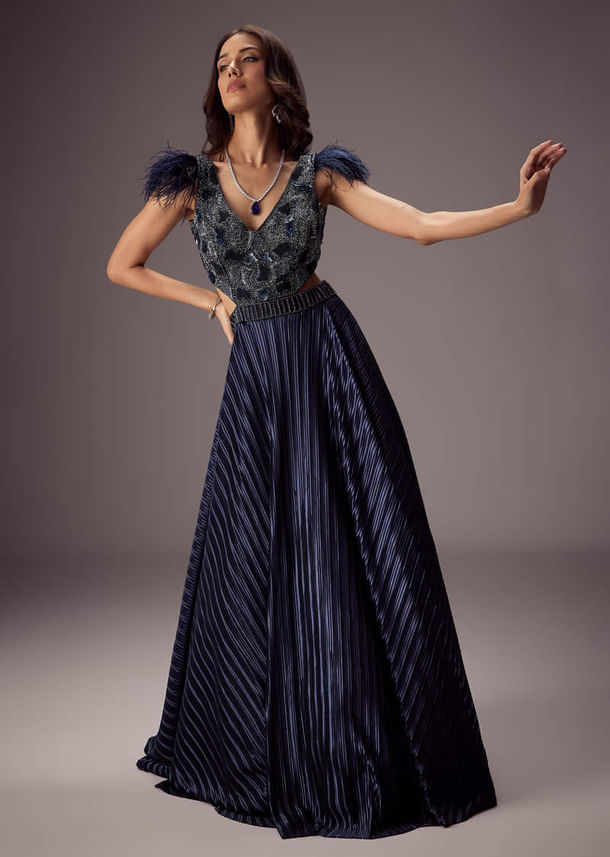 Elegant Navy Crepe Gown With Embroidered Yoke And Sweeping Ghera Elegant Navy Crepe Gown With Embroidered Yoke And Sweeping Ghera