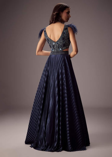 Elegant Navy Crepe Gown With Embroidered Yoke And Sweeping Ghera