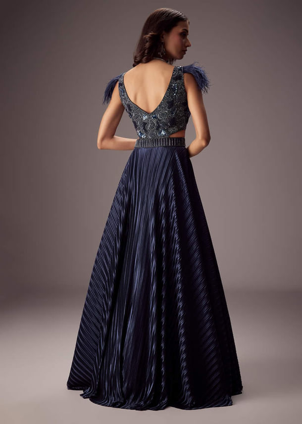 Elegant Navy Crepe Gown With Embroidered Yoke And Sweeping Ghera Elegant Navy Crepe Gown With Embroidered Yoke And Sweeping Ghera