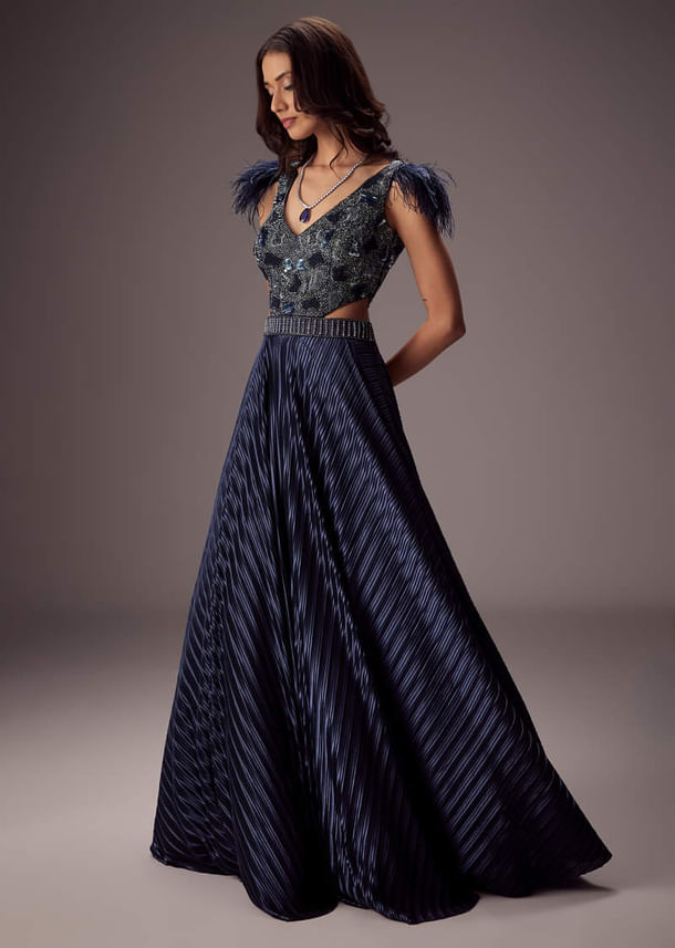 Elegant Navy Crepe Gown With Embroidered Yoke And Sweeping Ghera Elegant Navy Crepe Gown With Embroidered Yoke And Sweeping Ghera