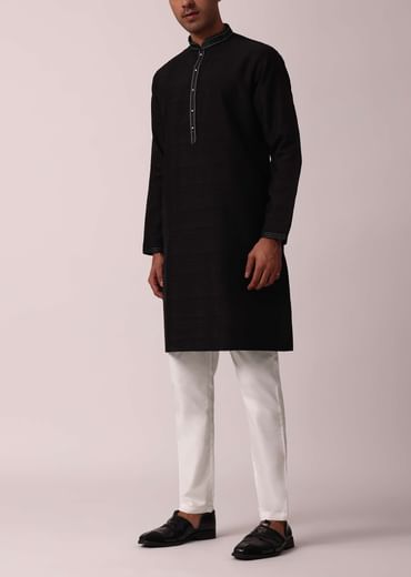 Elegant Black Cotton Silk Jacket Kurta Set For Men