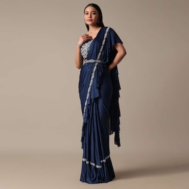 Elegant Blue Frill Saree With Embellished Ready Blouse