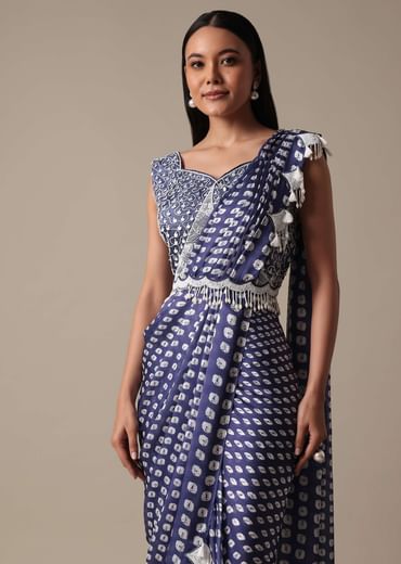 Elegant Blue Ready Pleated Saree With Stitched Blouse