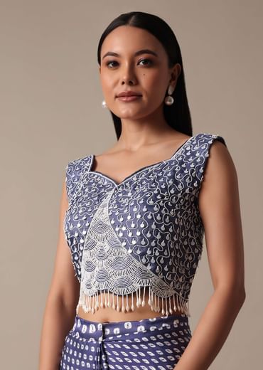 Elegant Blue Ready Pleated Saree With Stitched Blouse