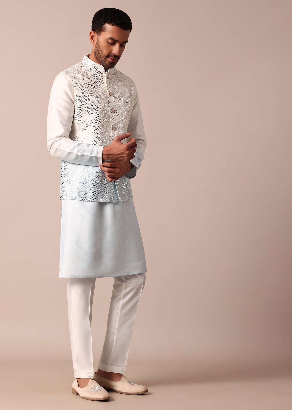 Elegant Blue Ombre Silk Jacket Kurta Set For Men