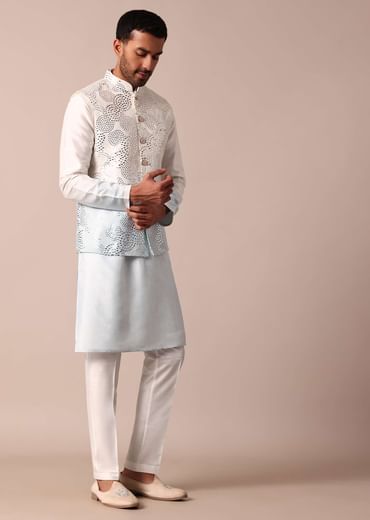 Elegant Blue Ombre Silk Jacket Kurta Set For Men