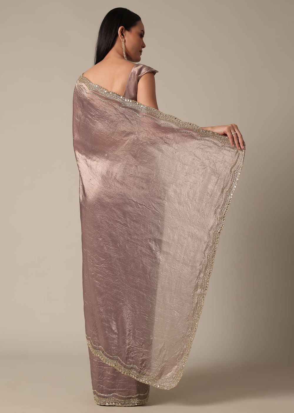 Elegant Brown Saree With Mirror and Stone Work