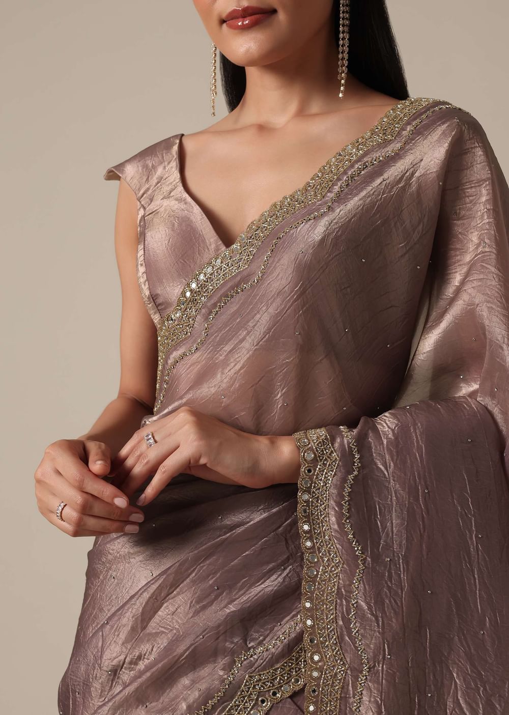 Elegant Brown Saree With Mirror and Stone Work