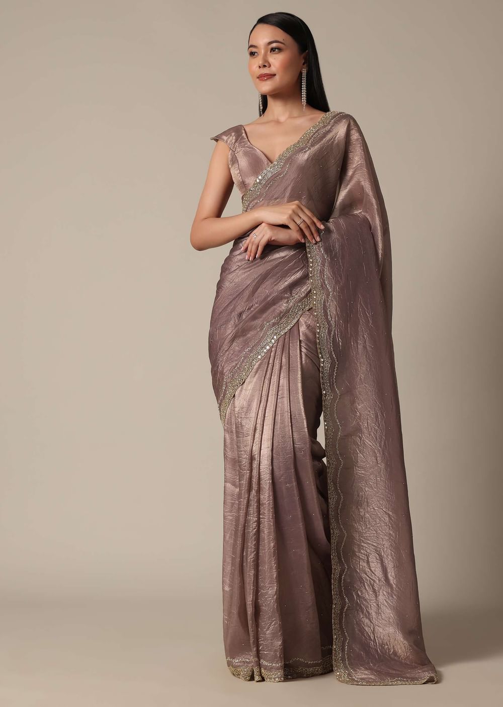 Elegant Brown Saree With Mirror and Stone Work