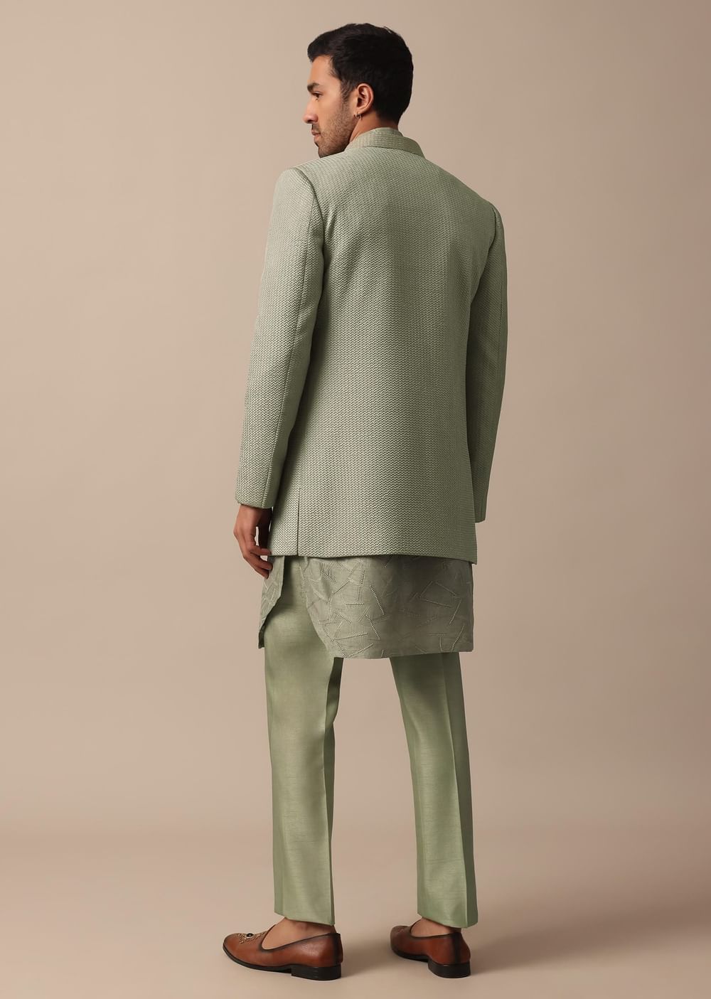 Elegant Green Indowestern Set Featuring Striking Self Work