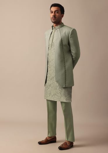 Elegant Green Indowestern Set Featuring Striking Self Work