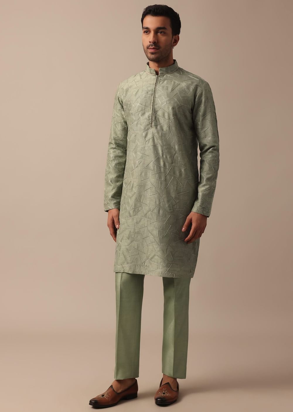 Elegant Green Indowestern Set Featuring Striking Self Work