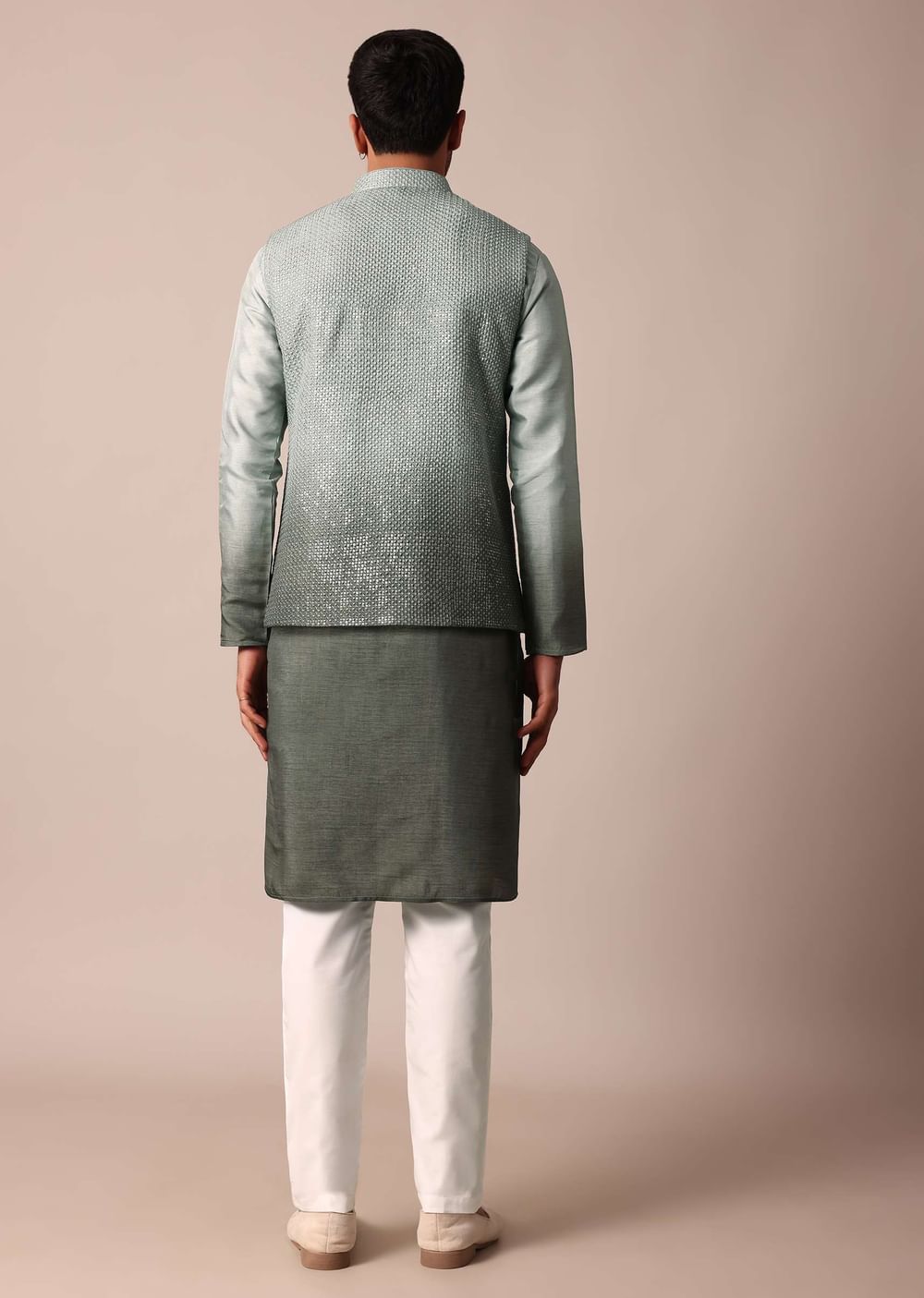 Elegant Green Silk Ombre Jacket Kurta Set For Men