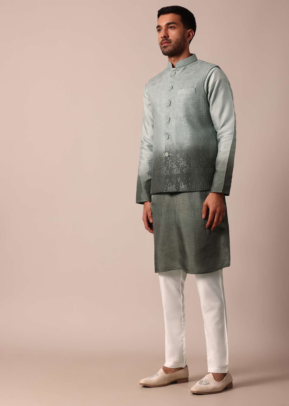 Elegant Green Silk Ombre Jacket Kurta Set For Men