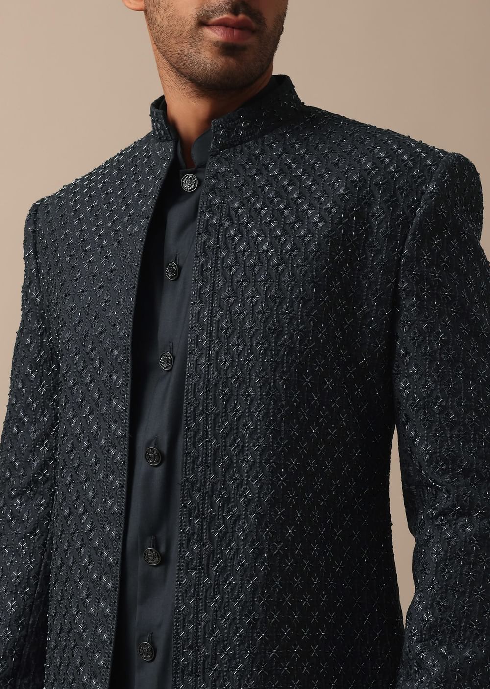 Elegant Grey Heavy Embroidered Indowestern For Grooms