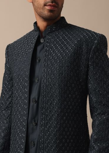 Elegant Grey Heavy Embroidered Indowestern For Grooms