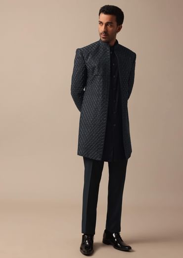 Elegant Grey Heavy Embroidered Indowestern For Grooms