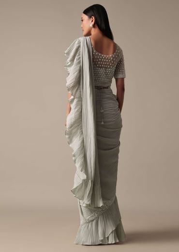 Elegant Grey Ready Pleated Saree With Stitched Blouse