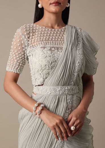 Elegant Grey Ready Pleated Saree With Stitched Blouse