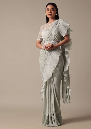 Elegant Grey Ready Pleated Saree With Stitched Blouse