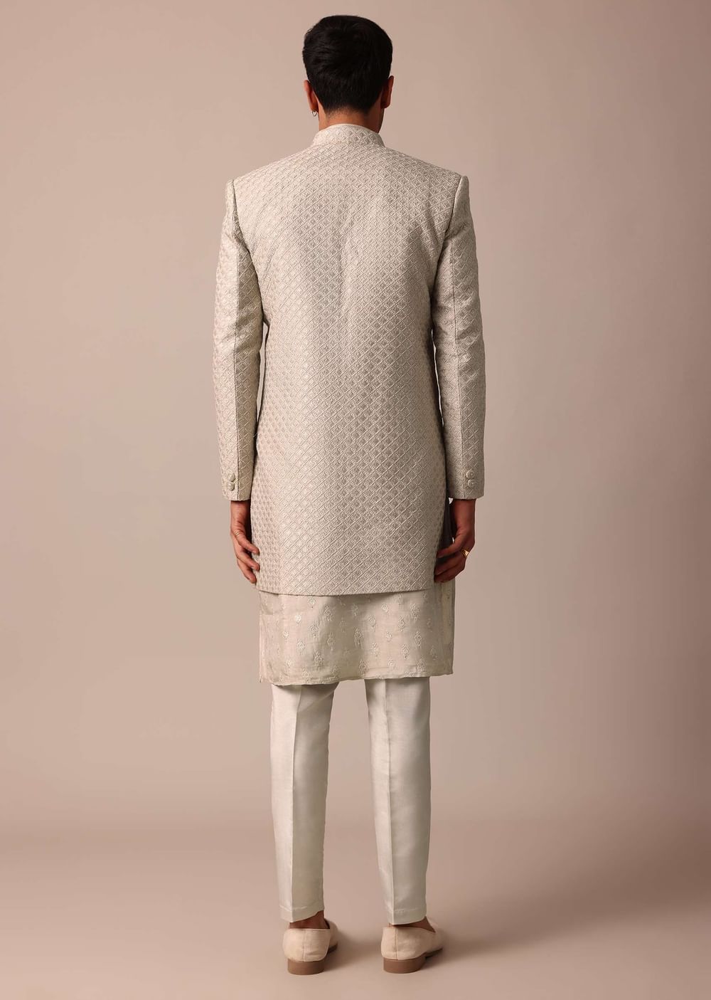 Elegant Beige Silk Sherwani Set With Intricate Embroidery