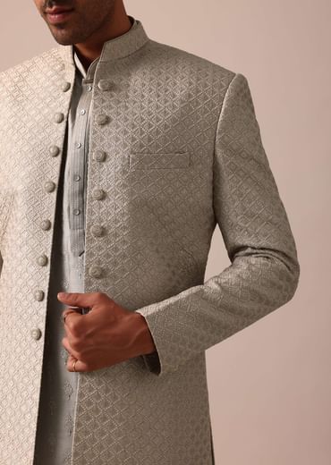 Elegant Beige Silk Sherwani Set With Intricate Embroidery