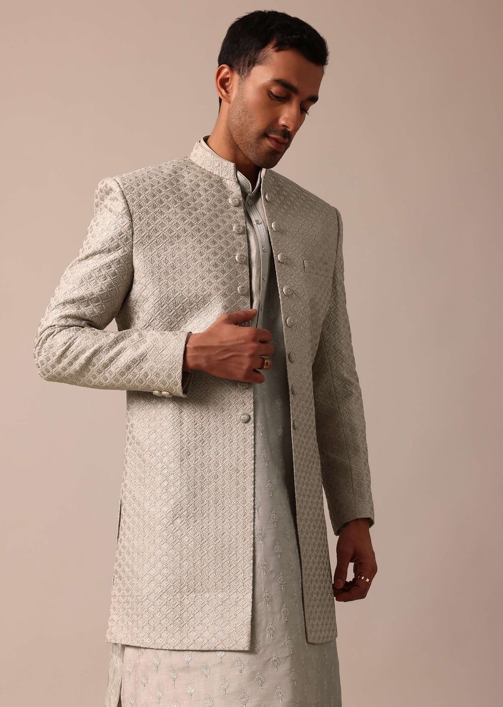 Elegant Beige Silk Sherwani Set With Intricate Embroidery