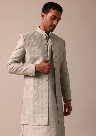 Elegant Beige Silk Sherwani Set With Intricate Embroidery