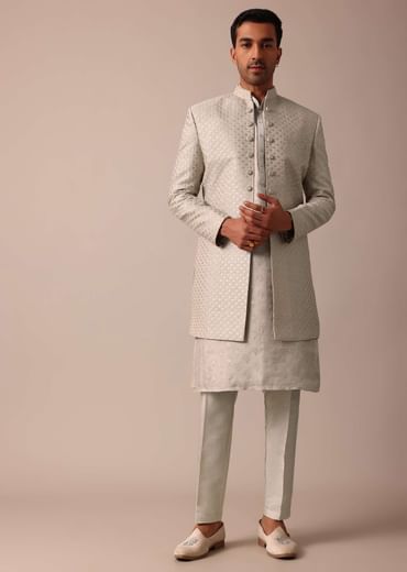 Elegant Beige Silk Sherwani Set With Intricate Embroidery