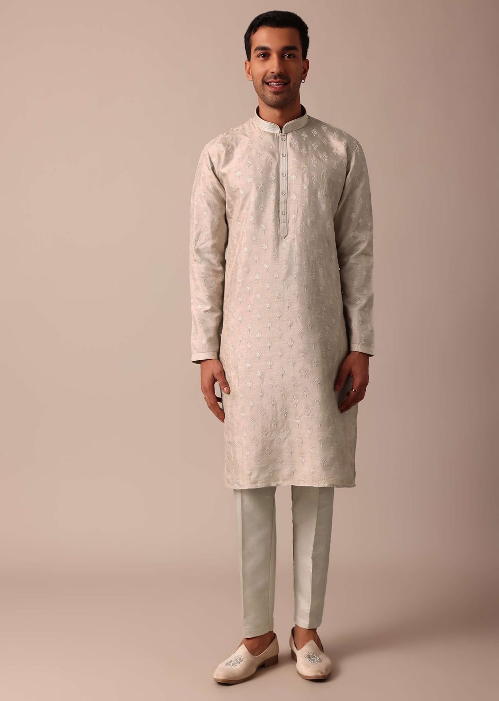 Elegant Beige Silk Sherwani Set With Intricate Embroidery