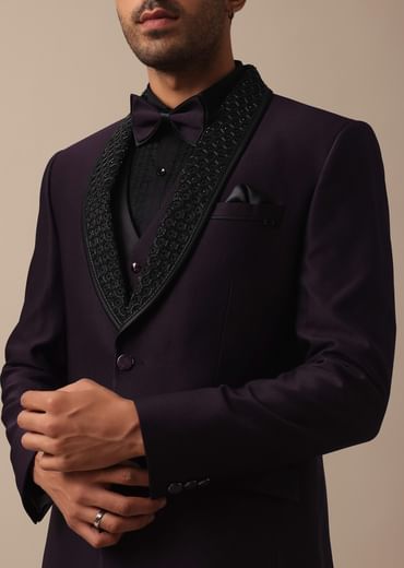 Elegant Intricate Embroidered Tuxedo Set in Purple