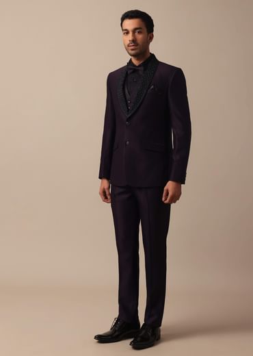 Elegant Intricate Embroidered Tuxedo Set in Purple