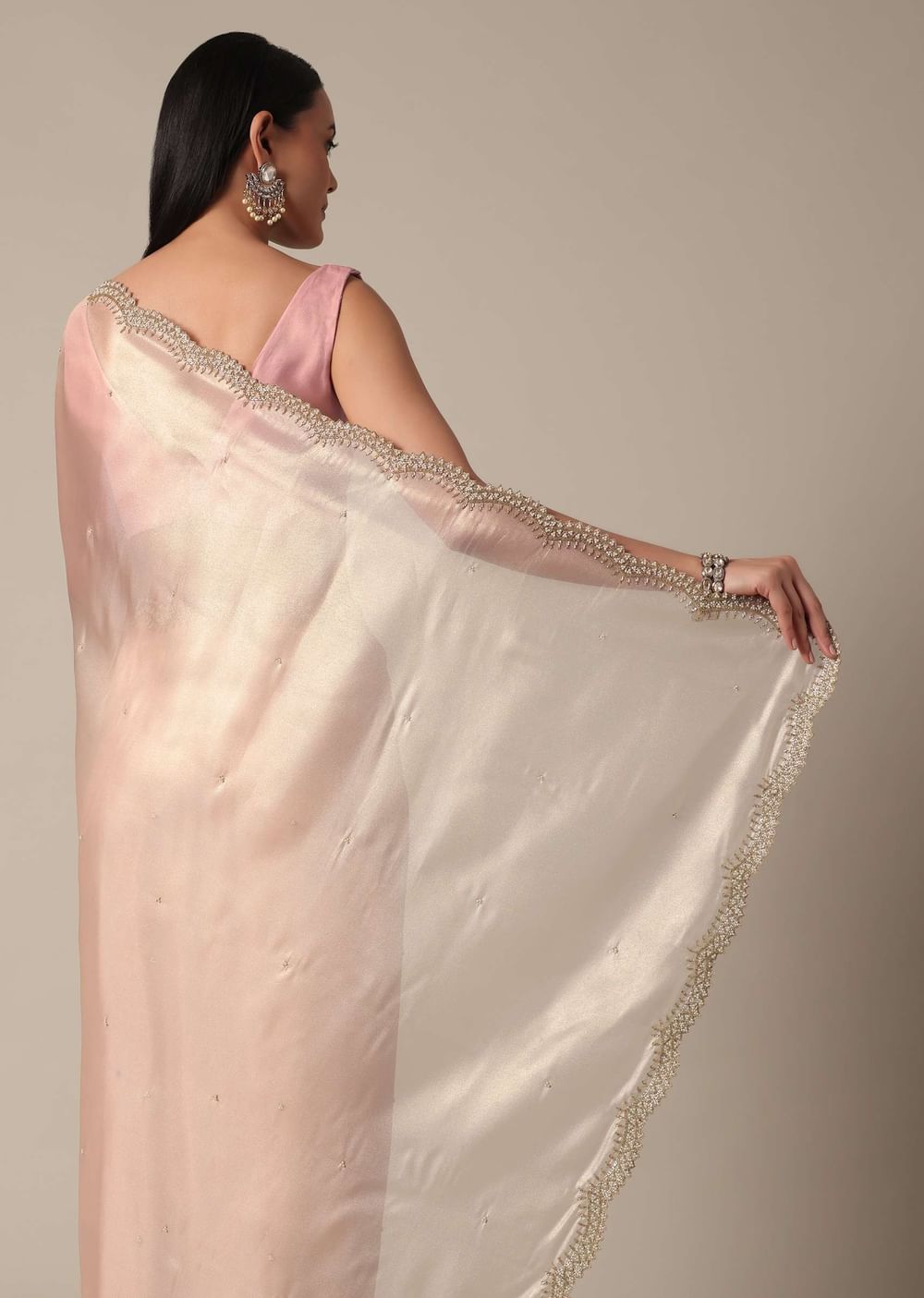 Elegant Peach Saree With Scalloped Border