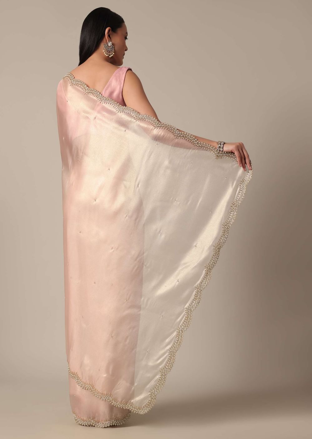 Elegant Peach Saree With Scalloped Border