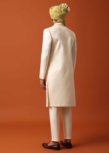 Elegant Pristine White Silk Sherwani Set With Intricate Embroidery Work
